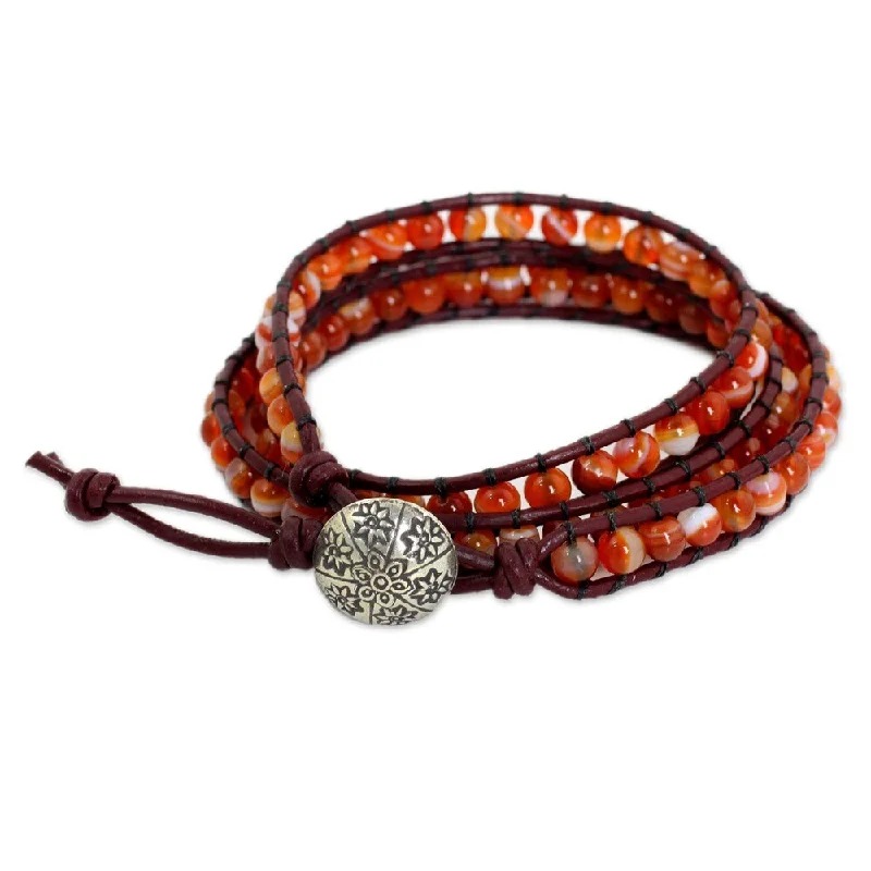 butterfly charm bracelet for girls -Handmade Silver Leather 'Forest Flower' Carnelian Bracelet (Thailand)