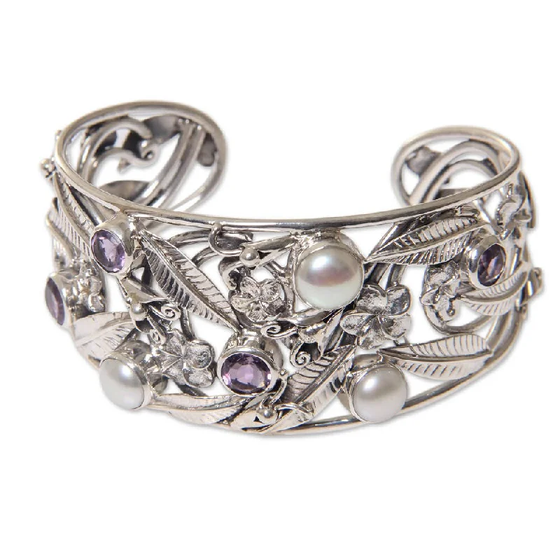 minimalist bracelet for everyday wear -NOVICA Amethyst and Cultured Pearl Cuff Bracelet, 'Temple Garden' (Indonesia)