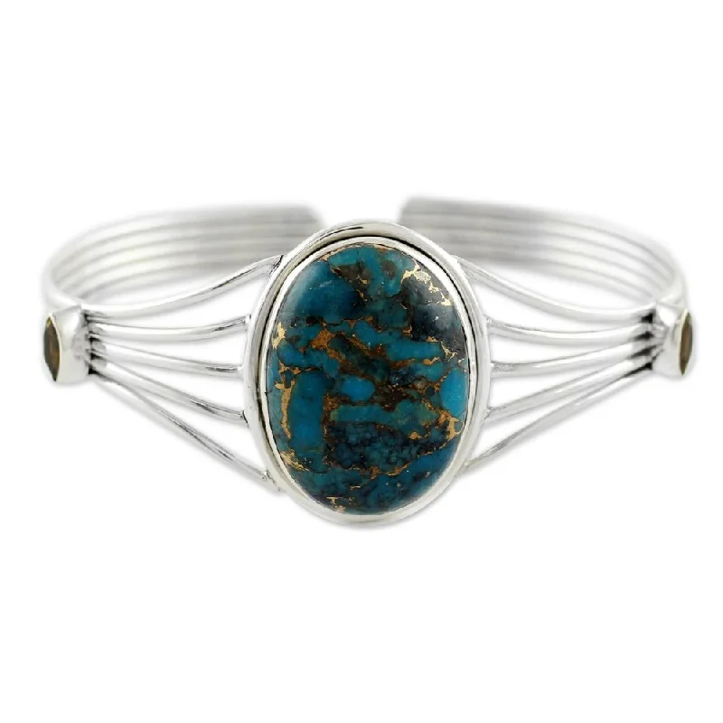 layered gold bracelet for women -Sterling Silver Cuff Bracelet, 'Blue Island' (India) - 7'6" x 9'6"