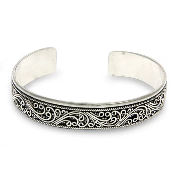 boho beaded bracelet for women -Sterling Silver Cuff Bracelet, 'Fern Ribbon' (Indonesia) - 7'6" x 9'6"