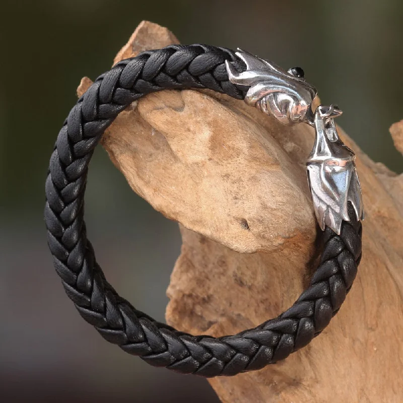 evil eye bracelet for protection -Sterling Silver Leather 'Fireballs' Onyx Bracelet (Indonesia)