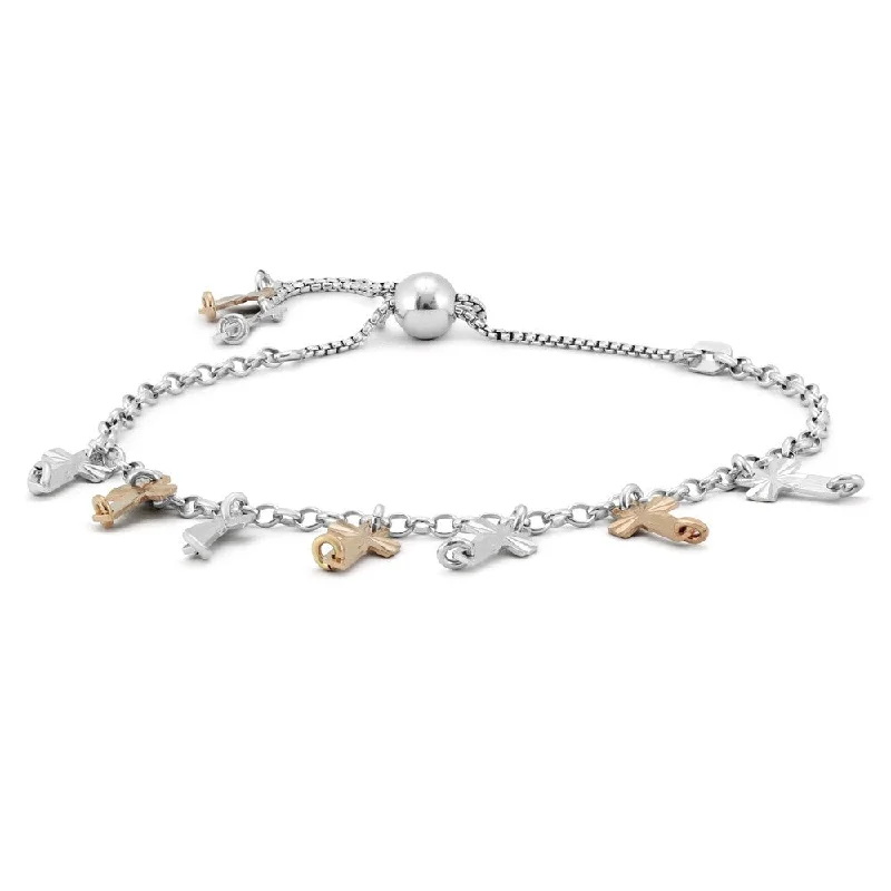 men’s rope bracelet -Two Tone Cross Charm Bolo Bracelet in .925 Sterling Silver