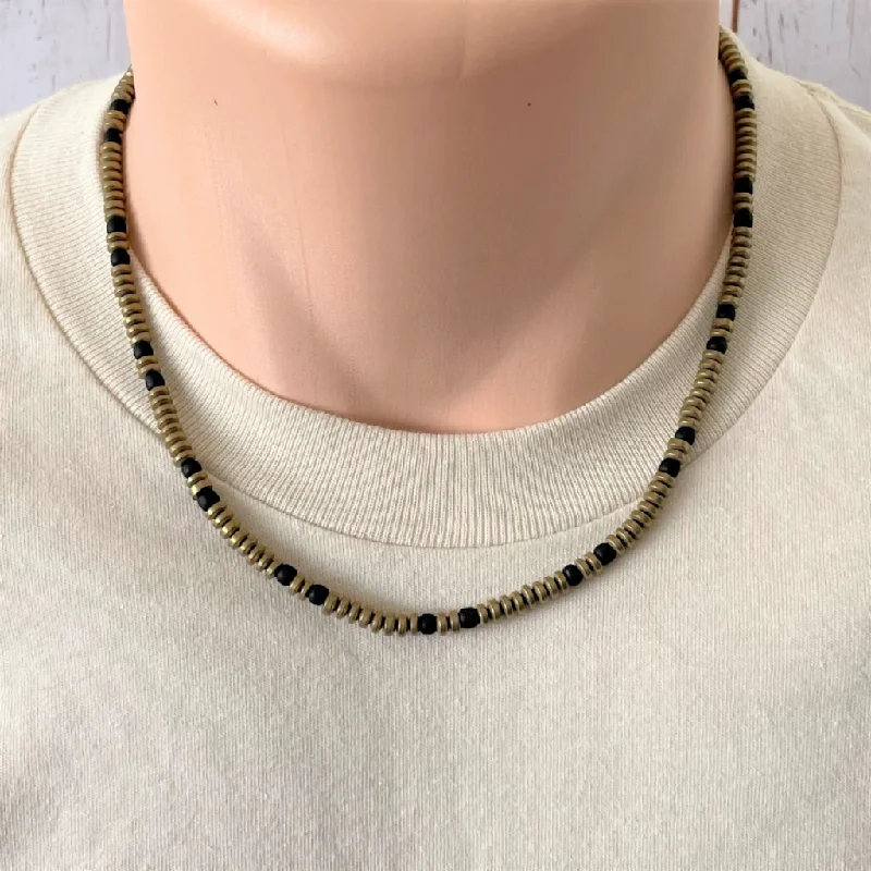 birthstone necklace for moms -Antique Gold Matte Hematite and Black Mens Beaded Necklace