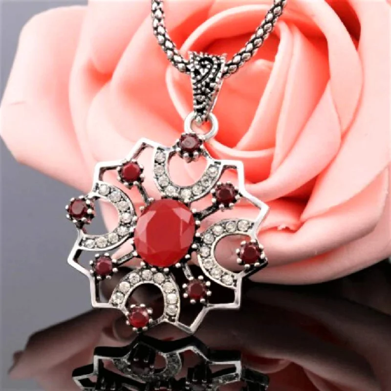 adjustable necklace for women -Antique Red Stone and Silver Ornate Pendant Necklace