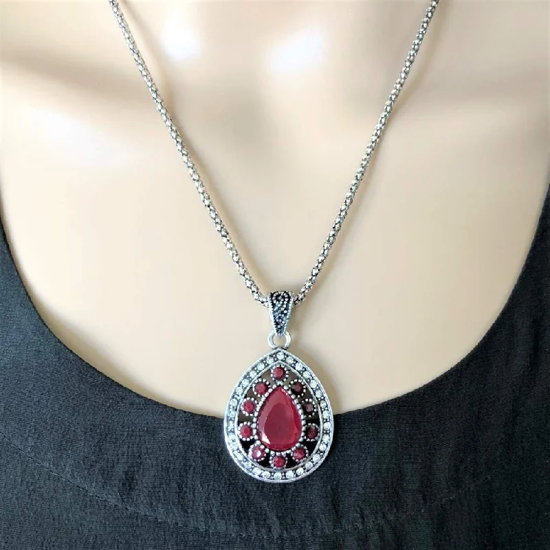 personalized birthstone necklace for moms -Antique Red Teardrop Pendant Silver Chain