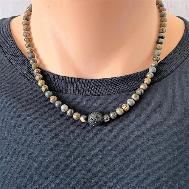 family tree necklace for moms -Artistic Stone and Black Lava Mens 6mm Beaded Necklace