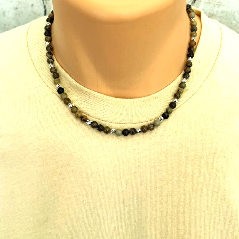 cubic zirconia necklace for women -Artistic Stone and Silver Beaded Mens Necklace