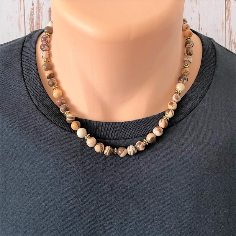 personalized birthstone necklace for moms -Austrian Brown Agate and Gold Mens Beaded Necklace