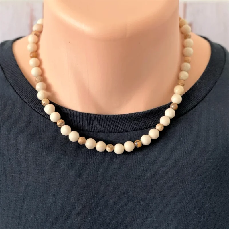 diamond tennis necklace for women -Beige Agate and Picture Jasper Mens Beaded Necklace