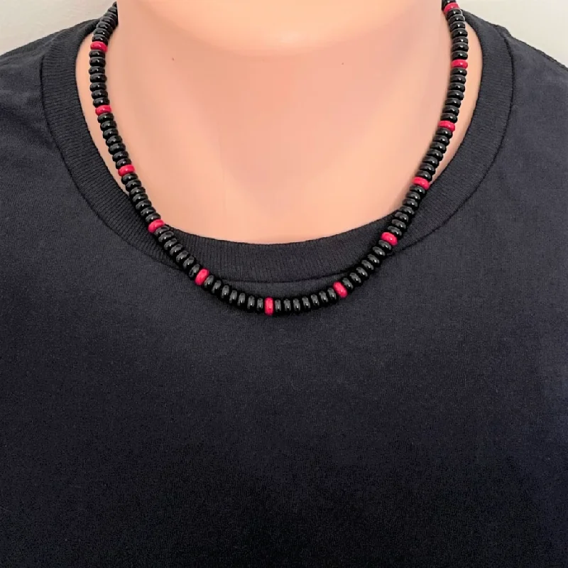 graduation necklace for girls -Black Agate and Red Coral Mens Wheel Beaded Necklace