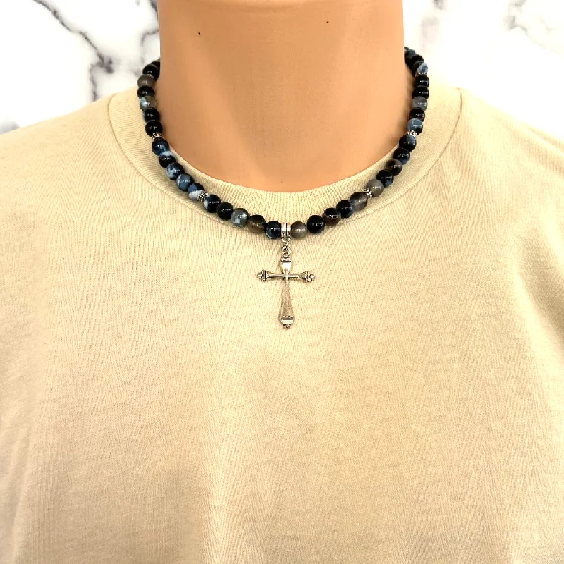 family tree necklace for moms -Black and Blue Line Beaded Agate Mens Necklace