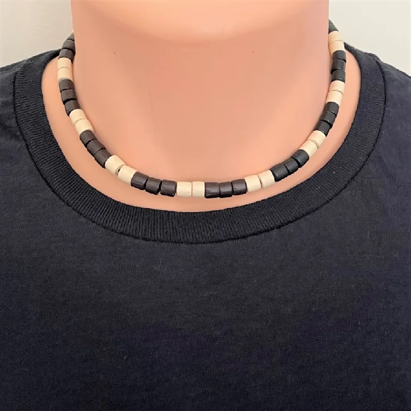 rose quartz necklace for women -Black and Cream Wood Tube Mens Beaded Necklace