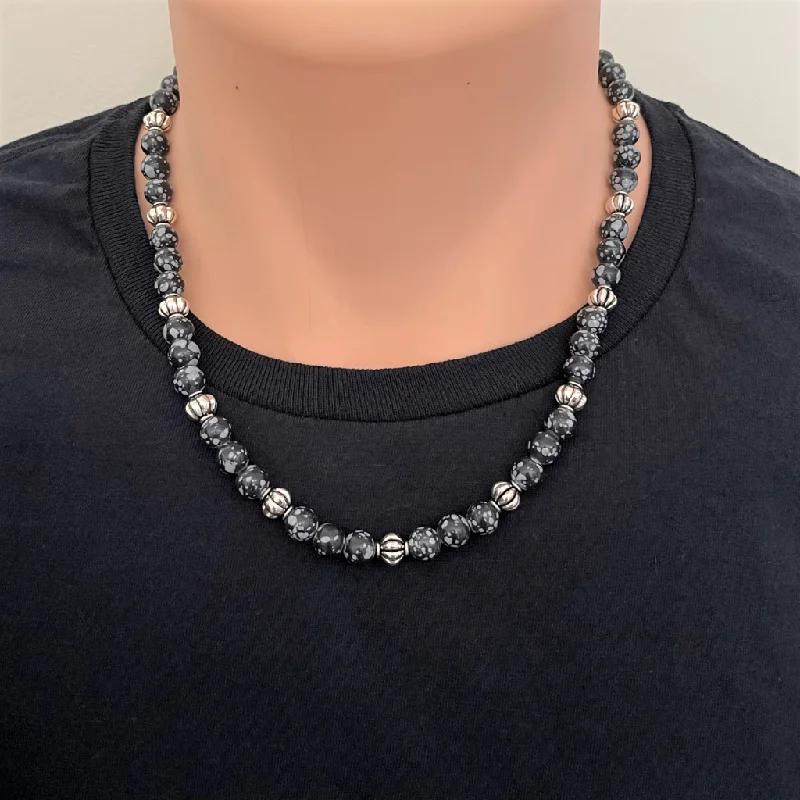 birthstone necklace for moms -Black and Gray Matte Agate Mens Beaded Necklace