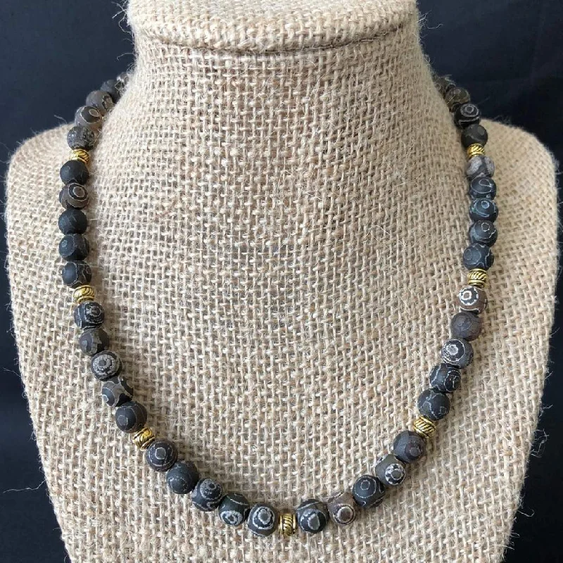 men’s cross necklace -Black and Gray Swirl Matte Agate Mens Beaded Necklace