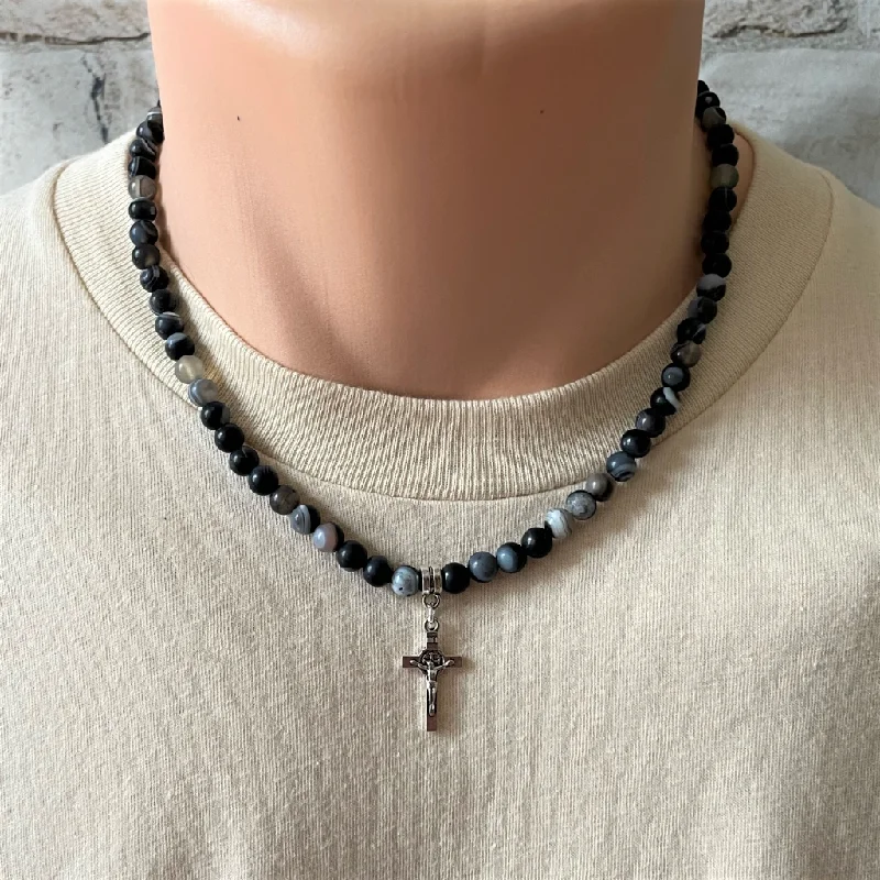 lariat necklace for women -Black and Smoky Agate with Silver Cross Mens Necklace