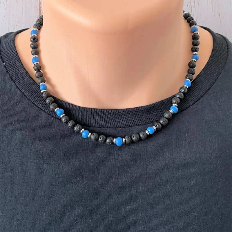 silver chain necklace for men -Black Lava and Blue Wood with Silver Rings Mens Necklace