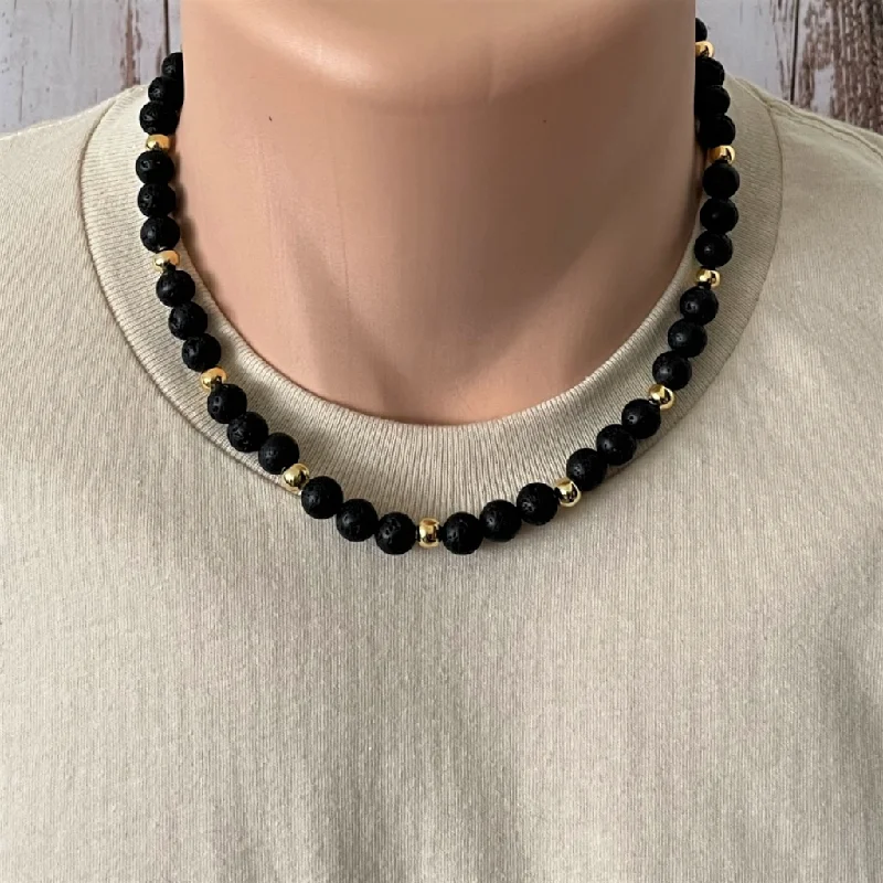 bold statement necklace for women -Black Lava and Gold Round Beaded Mens Necklace