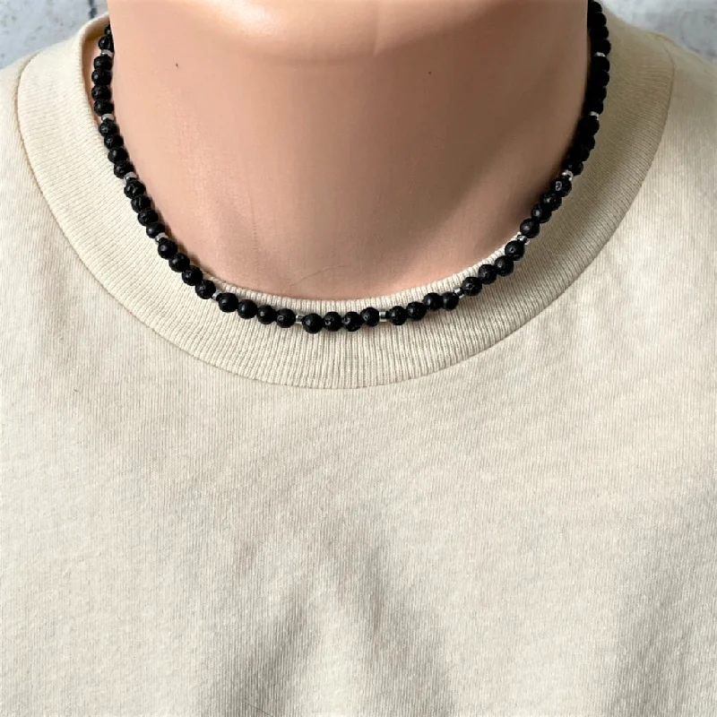 black onyx necklace for men -Black Lava and Silver Hematite 5mm Mens Beaded Necklace