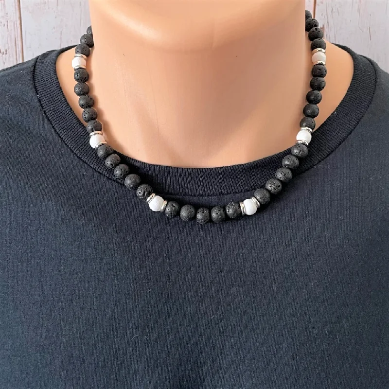 sunflower necklace for women -Black Lava and White Wood Mens Beaded Necklace