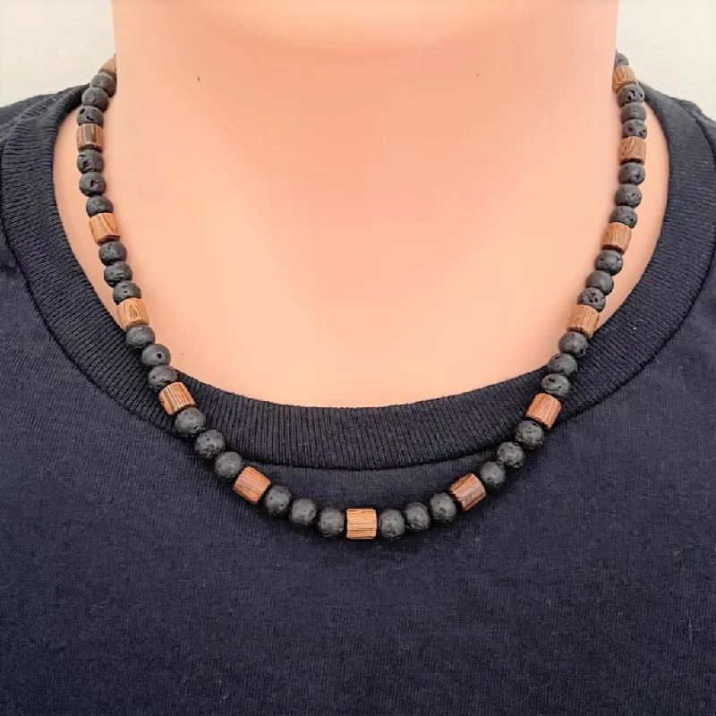 choker necklace for women -Black Lava and Wood Barrel Mens Beaded Necklace