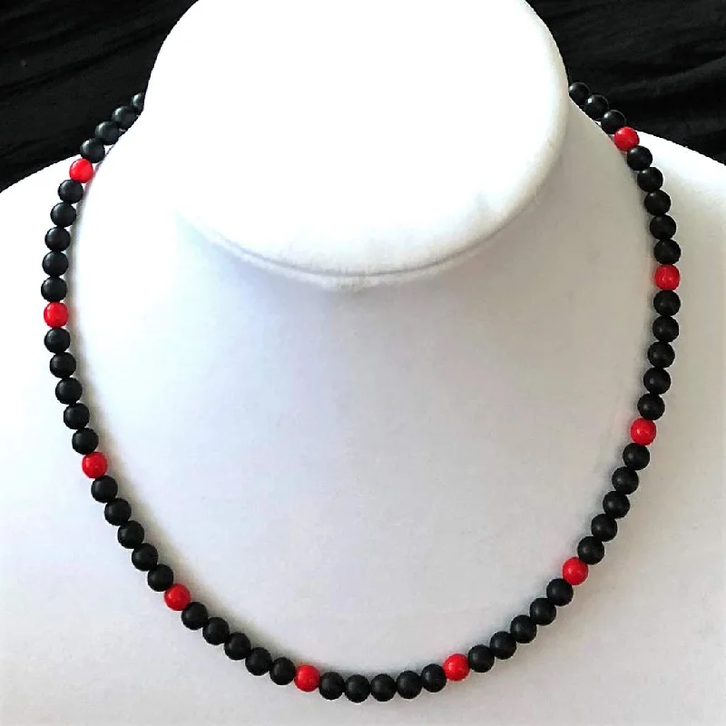 men’s dog tag necklace -Black Matte Onyx and Red Beaded Mens Necklace