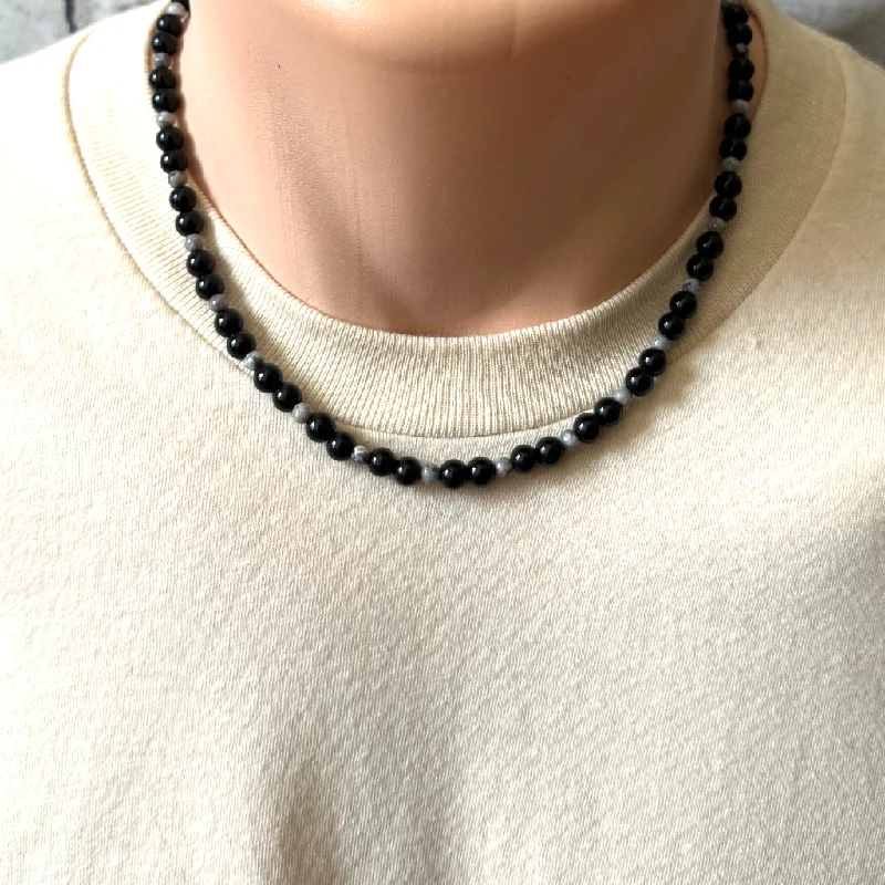 silver chain necklace for men -Black Onyx and Gray Map 6mm Mens Beaded Necklace