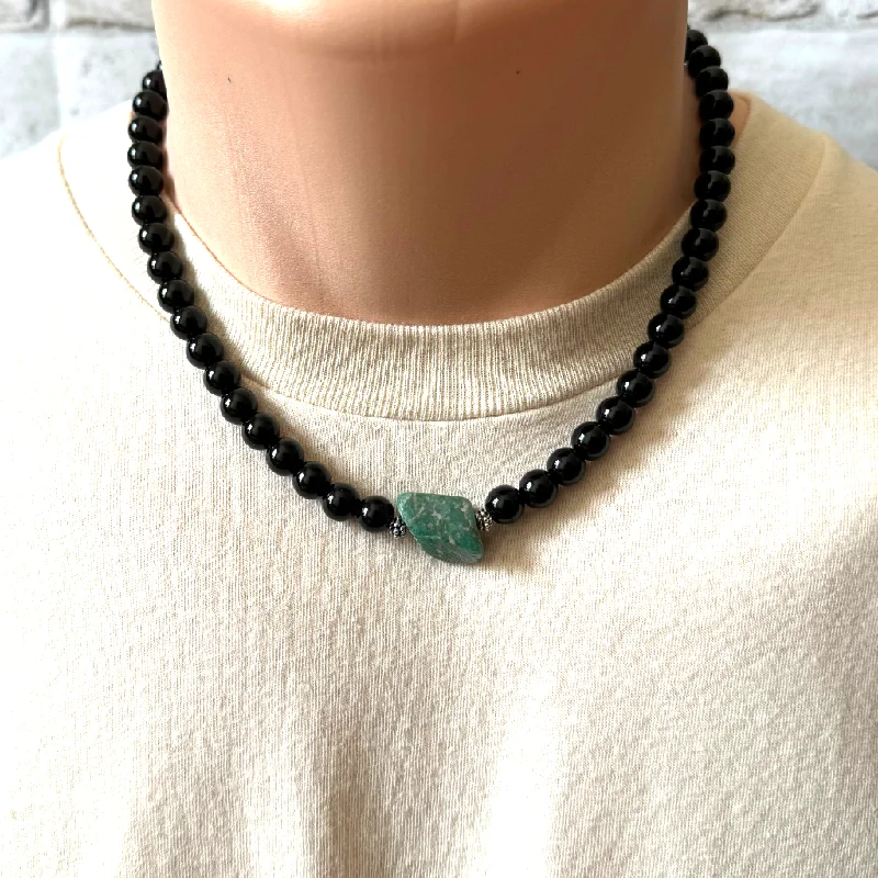 ocean wave necklace for beach lovers -Black Onyx and Russian Amazonite Mens Beaded Necklace