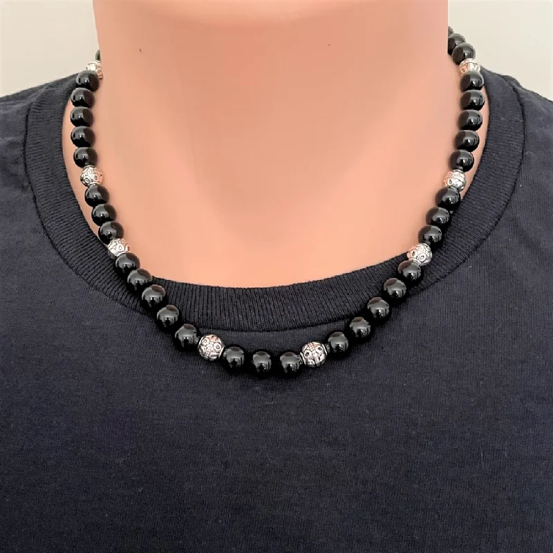 layered necklace set for women -Black Onyx and Silver Barrel Mens Beaded Necklace