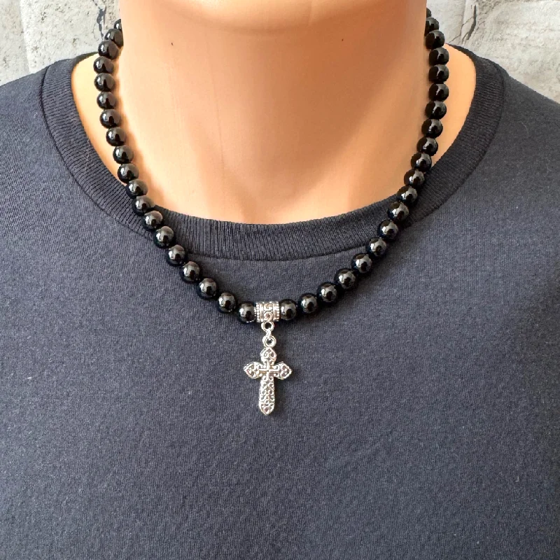 custom engraved necklace for gifts -Black Onyx and Silver Detailed Cross Mens Beaded Necklace