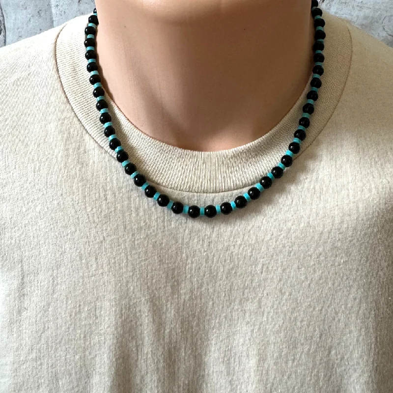 bar necklace with engraving -Black Onyx and Turquoise Rondelle Mens Beaded Necklace