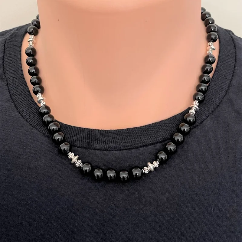 minimalist necklace for everyday wear -Black Onyx Mens Beaded Necklace with Silver Beads