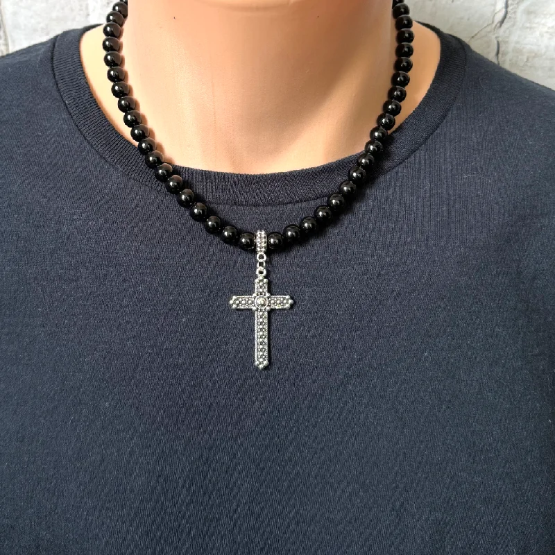 rose gold necklace for women -Black Onyx Silver Textured Cross Mens Beaded Necklace