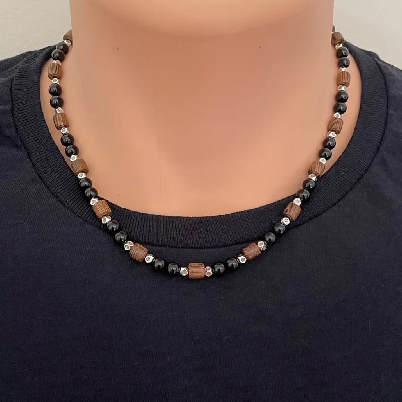 pearl necklace for brides -Black Onyx, Wood, and Silver Mens Beaded Necklace