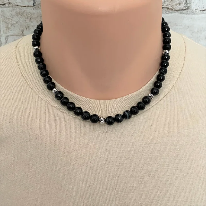 long pendant necklace for women -Black Sardonyx and Silver Mens Beaded Necklace