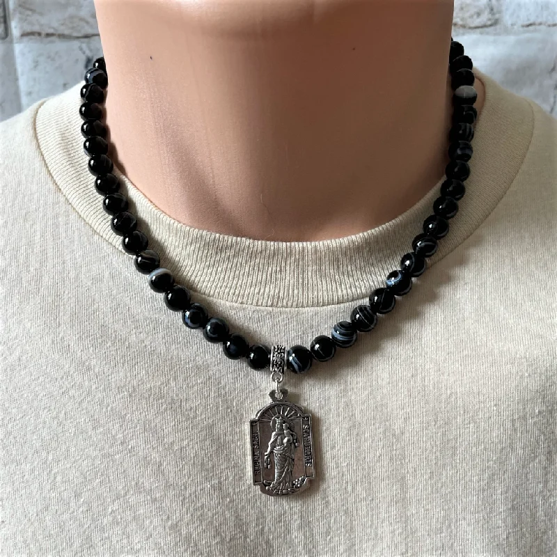 minimalist initial necklace for women -Black Sardonyx and Silver Saint Regina Mens Beaded Necklace