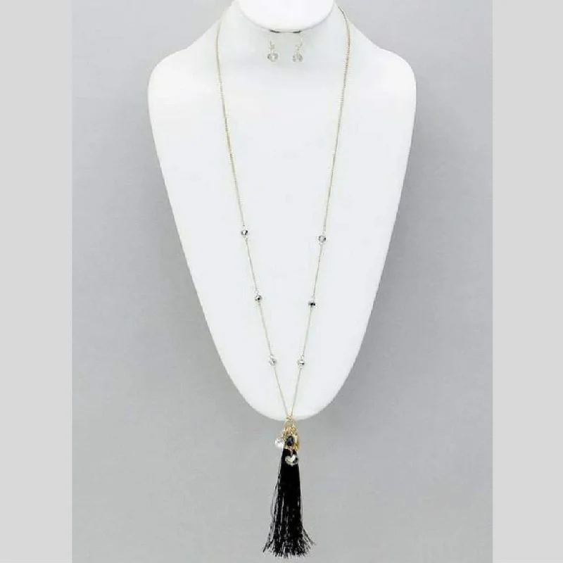 personalized kids name necklace -Black Tassel and Crystal Gold Chain Long Necklace