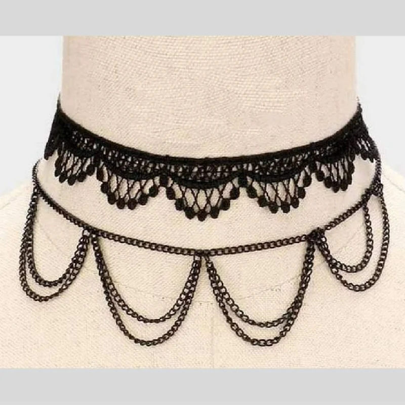 diamond necklace for women -Black Two Piece Lace Crochet and Chain Choker