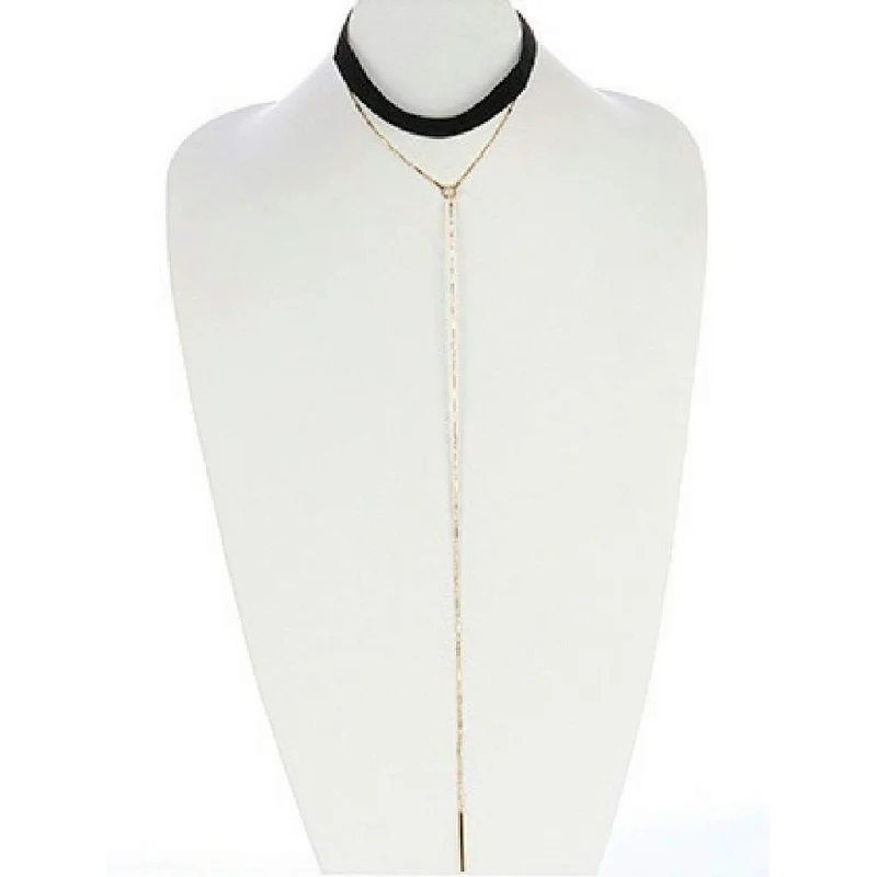 bold statement necklace for women -Black Velvet Choker and Long Gold Chain and Bar Necklace