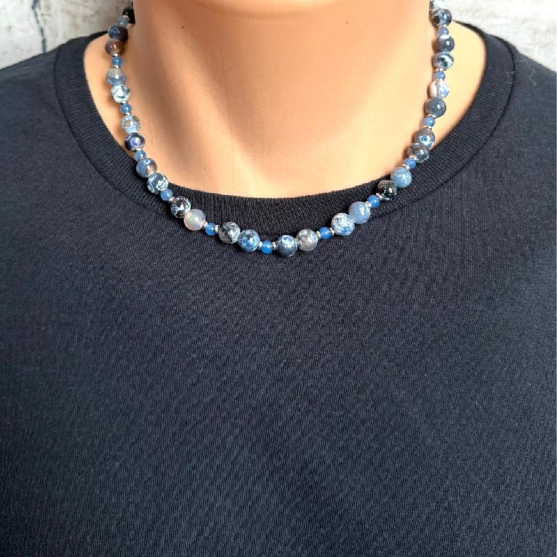 pearl necklace for brides -Blue and Storm Line Agate Mens Beaded Necklace