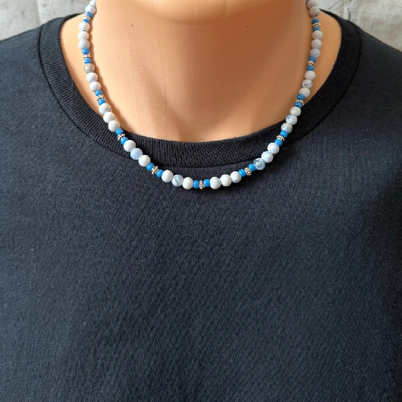 choker necklace for women -Blue and White Agate Beads with Blue Toho and Silver Beaded Mens Necklace