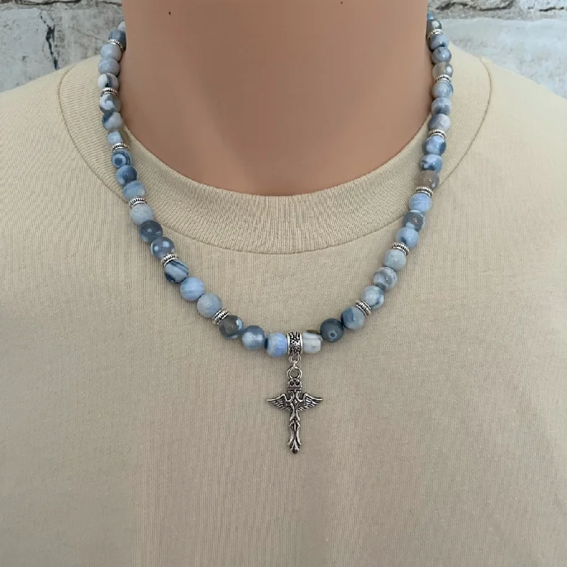 gemstone necklace for women -Blue and White Agate Mens Beaded Necklace with Silver Cross