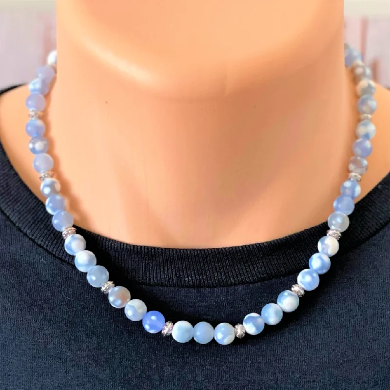 initial necklace for women -Blue and White Matte Agate and Silver Saucer Beaded Mens Necklace