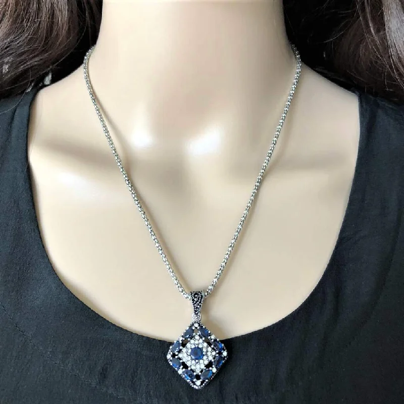 fashion necklace for women -Blue Diamond Antique Silver Pendant