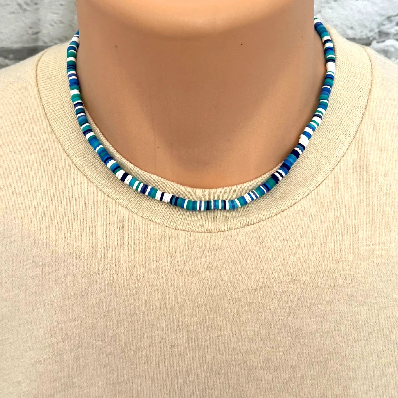 statement necklace for special occasions -Blue Green and White Mens Polymer Necklace