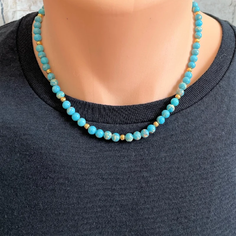 gemstone necklace for women -Blue Impression Jasper and Gold Mens Beaded Necklace