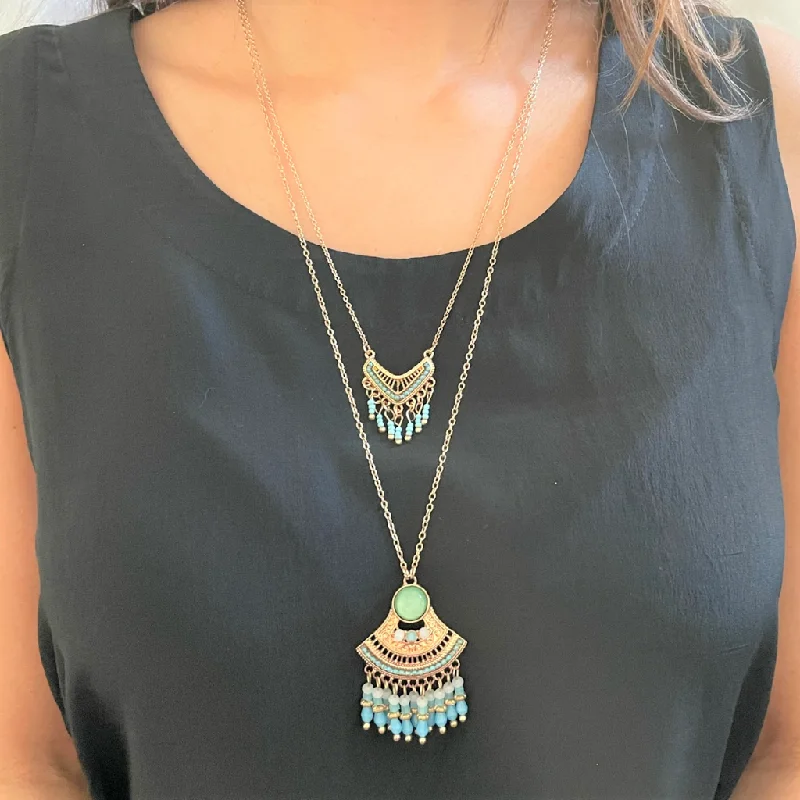 men’s dog tag necklace -Bohemian Style Turquoise Double Layered Fringe Necklace