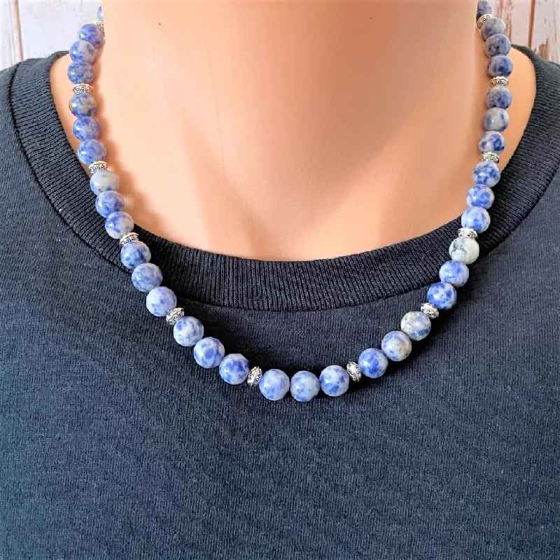 pearl choker necklace for brides -Brazil Sodalite and Silver Mens Beaded Necklace