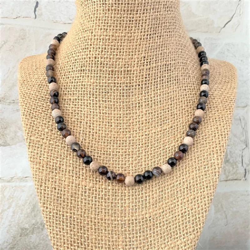 diamond heart necklace for women -Brown and Beige Agate Beaded Mens Necklace