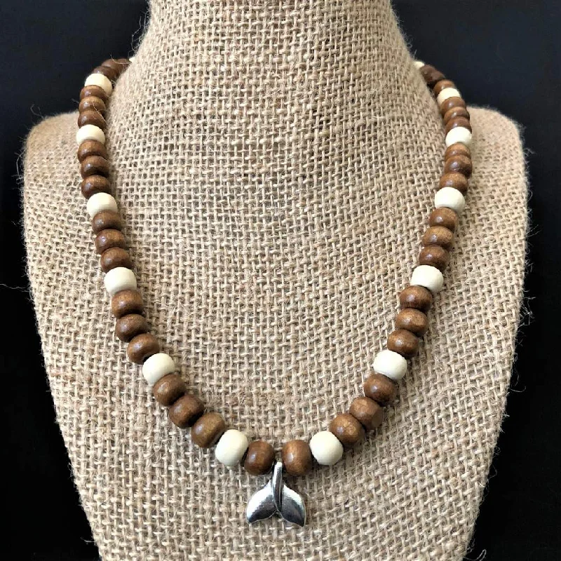 adjustable necklace for women -Brown and White Wood Beaded Mens Necklace with Silver Whale Tail Pendant