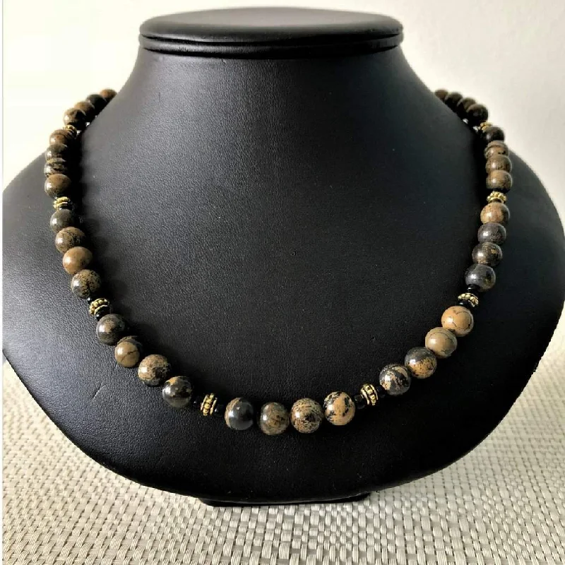 luxury pearl necklace for brides -Brown and Black Jasper Stone Mens Necklace